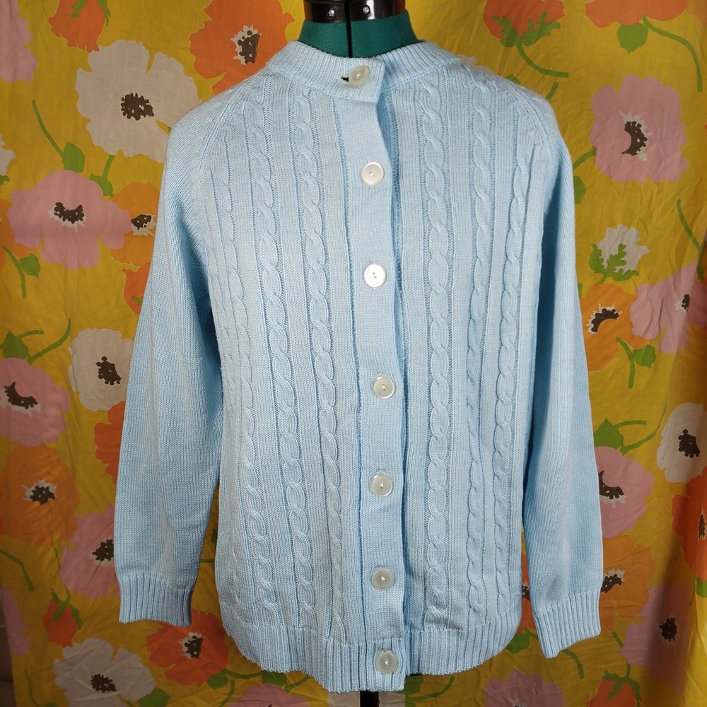 Vintage 80s Ades of California Baby Blue Cable Knit Button Front Cardigan Large